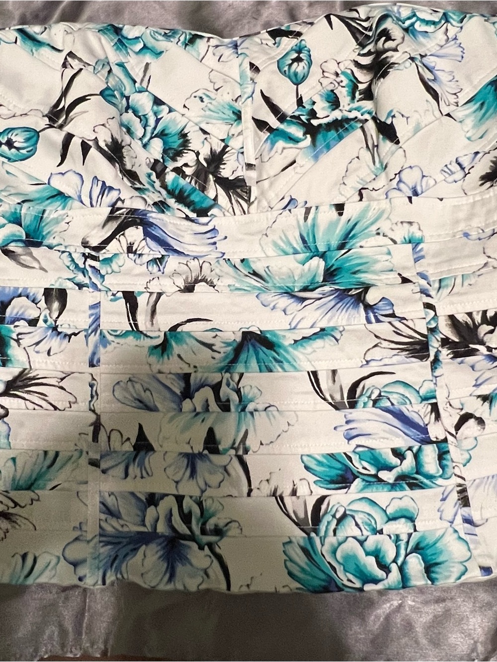 White House Black Market White and Teal Floral Strapless Top